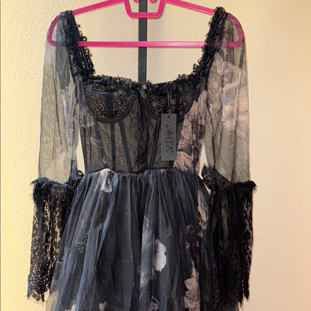 Dolls Kill Widow Goth Tiered Maxi Dress Bishop Sleeves Lace Tulle Black Floral S